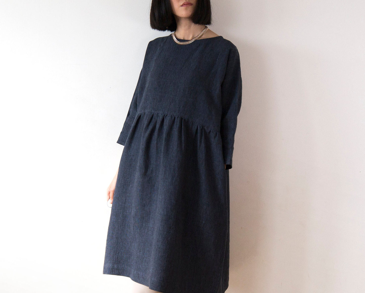 Navy glen check linen dress