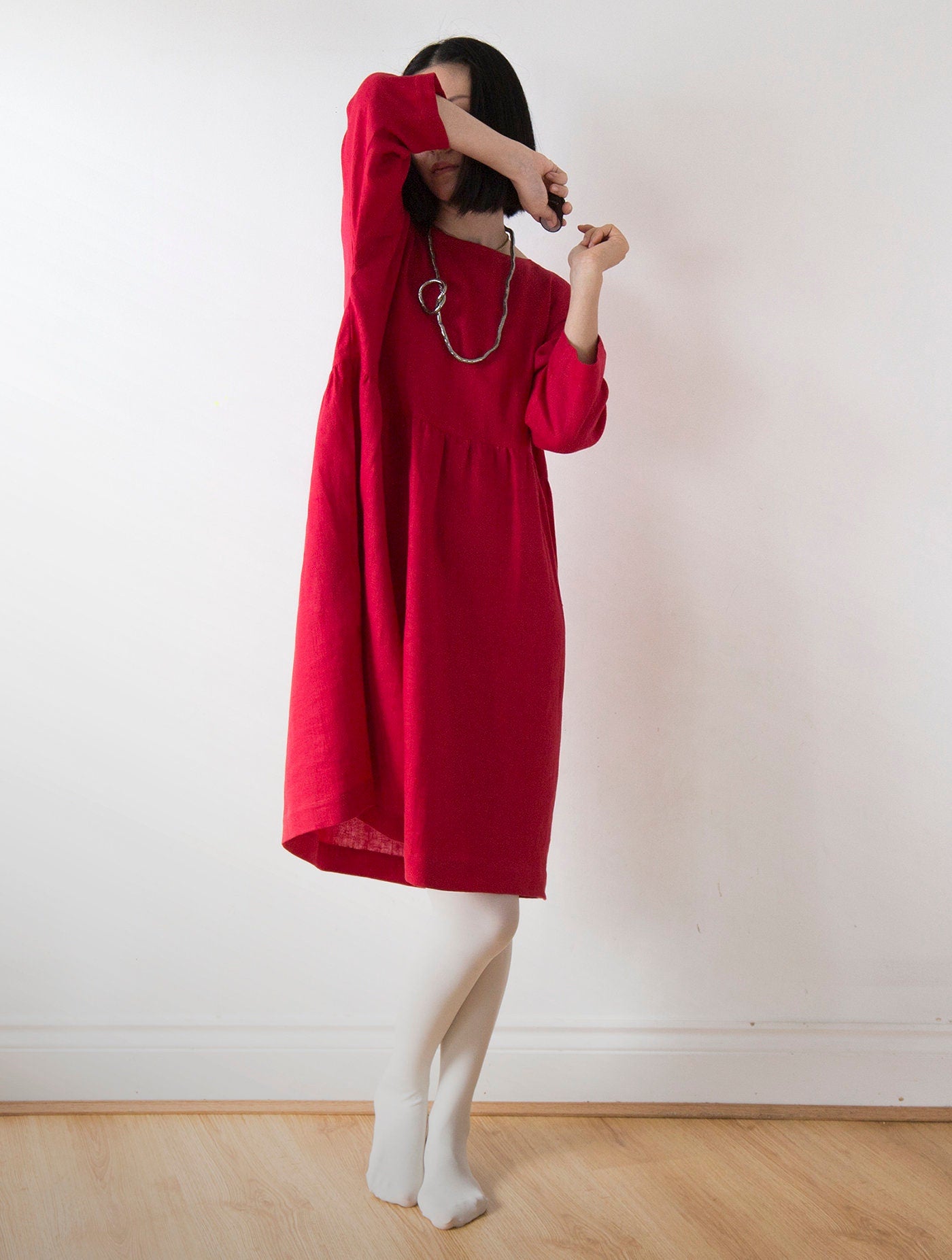 Festive red linen dress