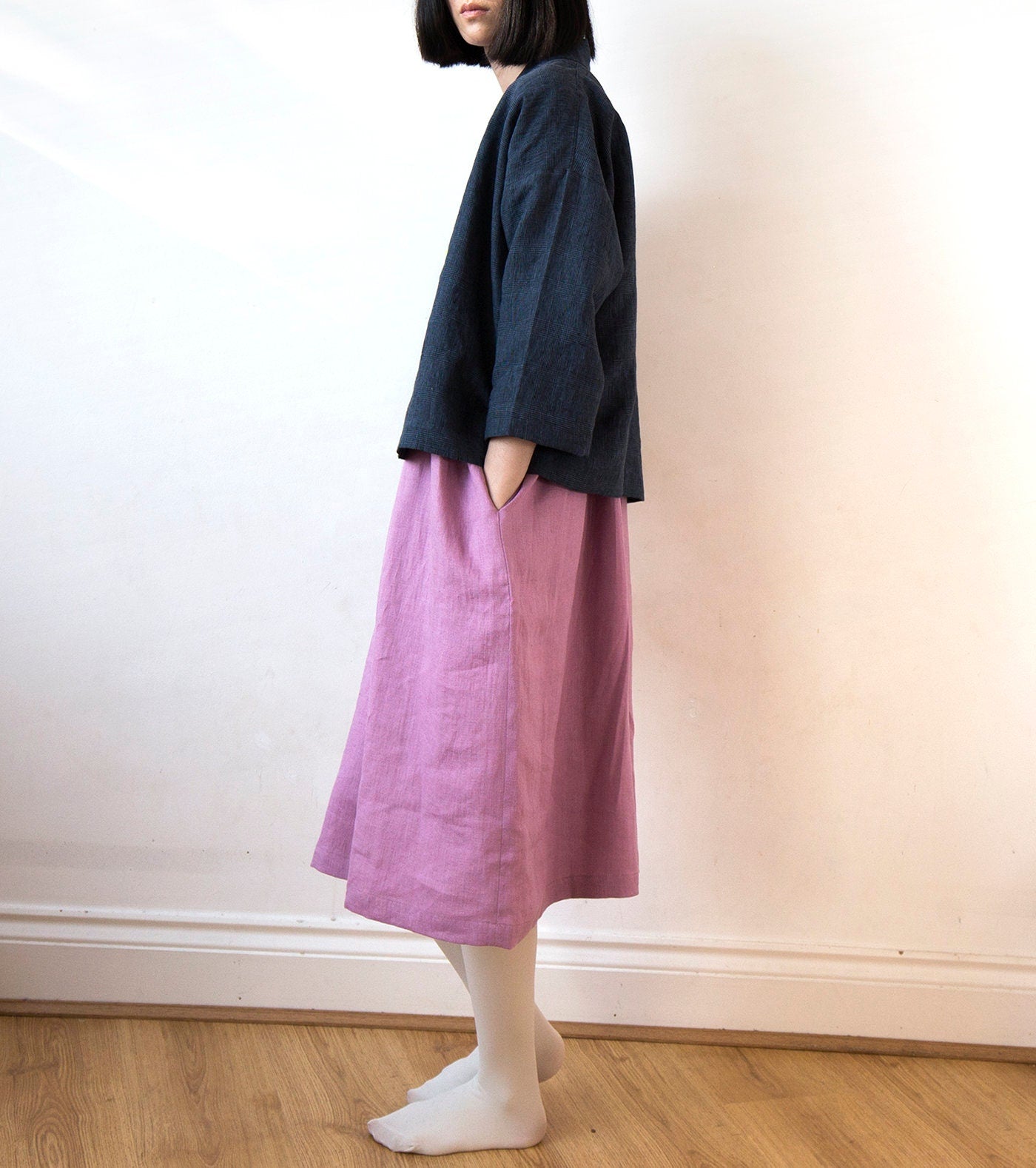 Navy glen check linen kimono jacket