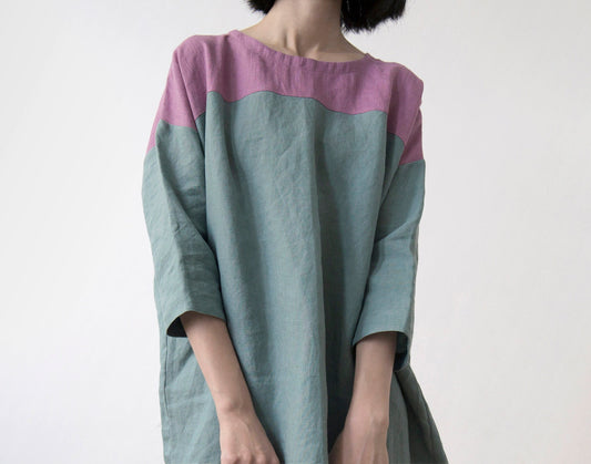 Wild orchid pink and celadon blue linen dress