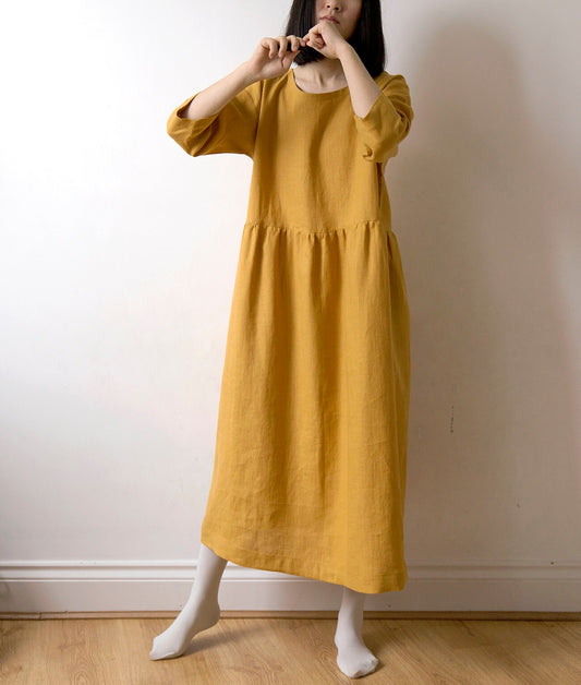 Turmeric yellow linen dress
